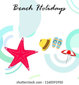 beach umbrella starfish hat flip flops beach holiday vector background