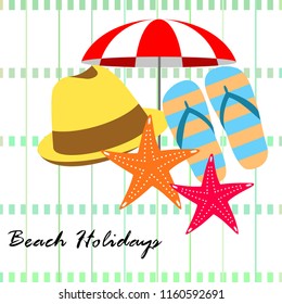 beach umbrella starfish hat flip flops beach holiday vector background