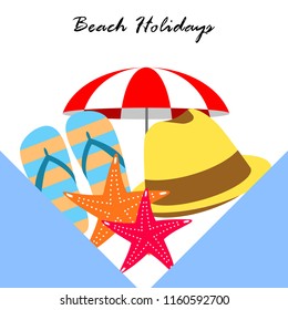 beach umbrella starfish hat flip flops beach holiday vector background