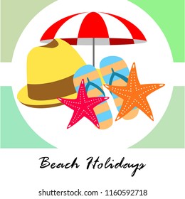 beach umbrella starfish hat flip flops beach holiday vector background
