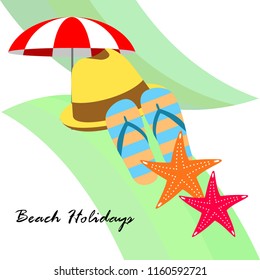 beach umbrella starfish hat flip flops beach holiday vector background