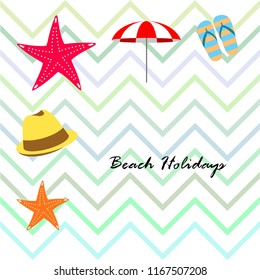 beach umbrella starfish hat flip flops beach holiday vector background