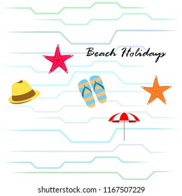 beach umbrella starfish hat flip flops beach holiday vector background