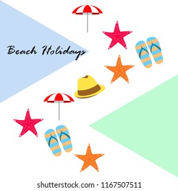 beach umbrella starfish hat flip flops beach holiday vector background