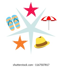 beach umbrella starfish hat flip flops beach holiday vector background