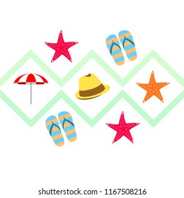 beach umbrella starfish hat flip flops beach holiday vector background