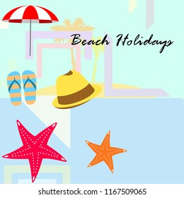 beach umbrella starfish hat flip flops beach holiday vector background