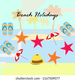 beach umbrella starfish hat flip flops beach holiday vector background