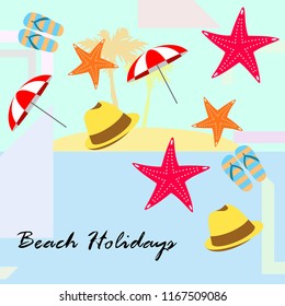 beach umbrella starfish hat flip flops beach holiday vector background