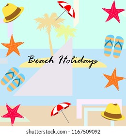 beach umbrella starfish hat flip flops beach holiday vector background