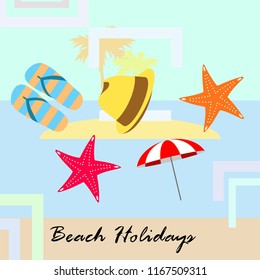 beach umbrella starfish hat flip flops beach holiday vector background