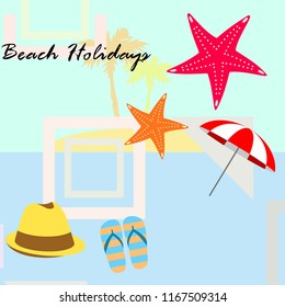 beach umbrella starfish hat flip flops beach holiday vector background