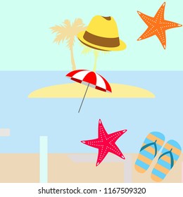 beach umbrella starfish hat flip flops beach holiday vector background