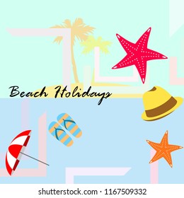 beach umbrella starfish hat flip flops beach holiday vector background