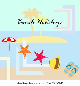 beach umbrella starfish hat flip flops beach holiday vector background