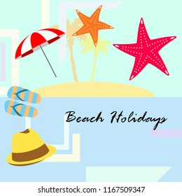 beach umbrella starfish hat flip flops beach holiday vector background