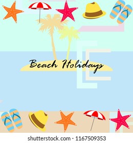 beach umbrella starfish hat flip flops beach holiday vector background