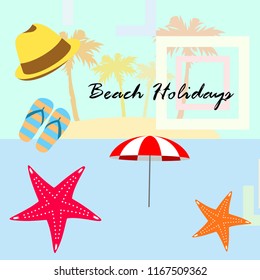 beach umbrella starfish hat flip flops beach holiday vector background