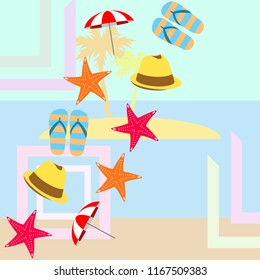 beach umbrella starfish hat flip flops beach holiday vector background