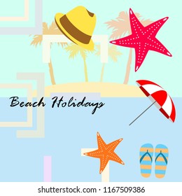 beach umbrella starfish hat flip flops beach holiday vector background