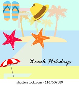 beach umbrella starfish hat flip flops beach holiday vector background