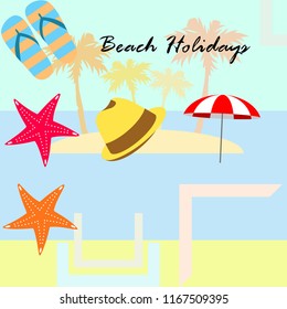 beach umbrella starfish hat flip flops beach holiday vector background