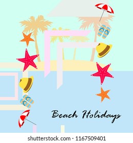 beach umbrella starfish hat flip flops beach holiday vector background