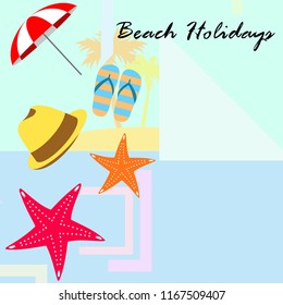 beach umbrella starfish hat flip flops beach holiday vector background