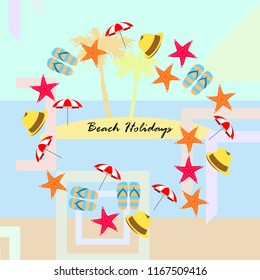 beach umbrella starfish hat flip flops beach holiday vector background