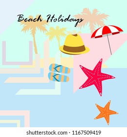 beach umbrella starfish hat flip flops beach holiday vector background