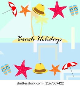 beach umbrella starfish hat flip flops beach holiday vector background