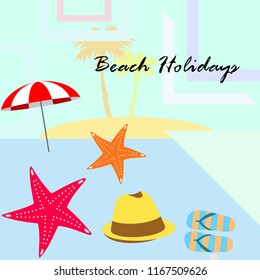 beach umbrella starfish hat flip flops beach holiday vector background