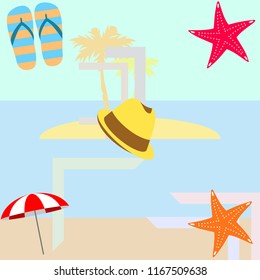 beach umbrella starfish hat flip flops beach holiday vector background