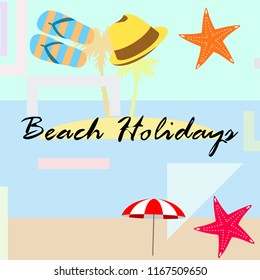 beach umbrella starfish hat flip flops beach holiday vector background