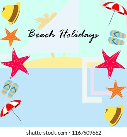 beach umbrella starfish hat flip flops beach holiday vector background