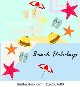 beach umbrella starfish hat flip flops beach holiday vector background