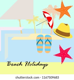 beach umbrella starfish hat flip flops beach holiday vector background