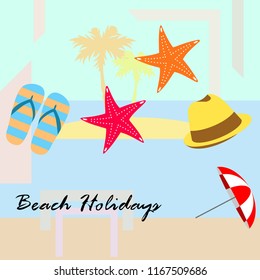 beach umbrella starfish hat flip flops beach holiday vector background