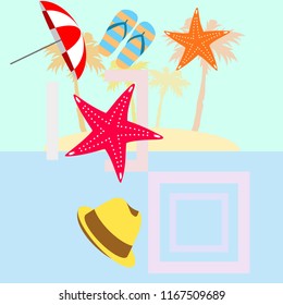 beach umbrella starfish hat flip flops beach holiday vector background
