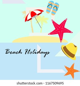 beach umbrella starfish hat flip flops beach holiday vector background