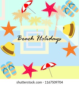 beach umbrella starfish hat flip flops beach holiday vector background