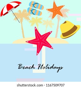 beach umbrella starfish hat flip flops beach holiday vector background