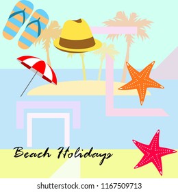 beach umbrella starfish hat flip flops beach holiday vector background