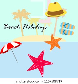 beach umbrella starfish hat flip flops beach holiday vector background