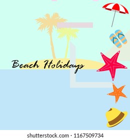 beach umbrella starfish hat flip flops beach holiday vector background