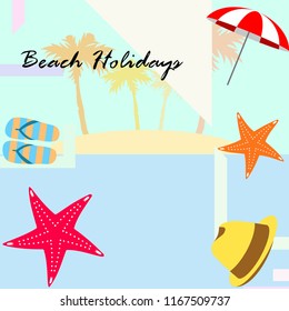 beach umbrella starfish hat flip flops beach holiday vector background