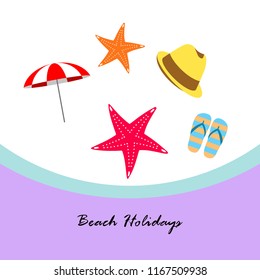 beach umbrella starfish hat flip flops beach holiday vector background