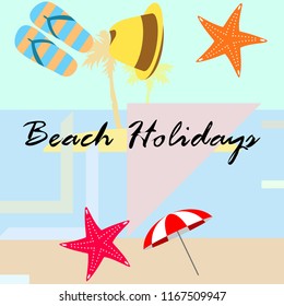 beach umbrella starfish hat flip flops beach holiday vector background