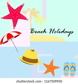 beach umbrella starfish hat flip flops beach holiday vector background