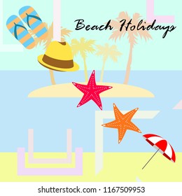 beach umbrella starfish hat flip flops beach holiday vector background